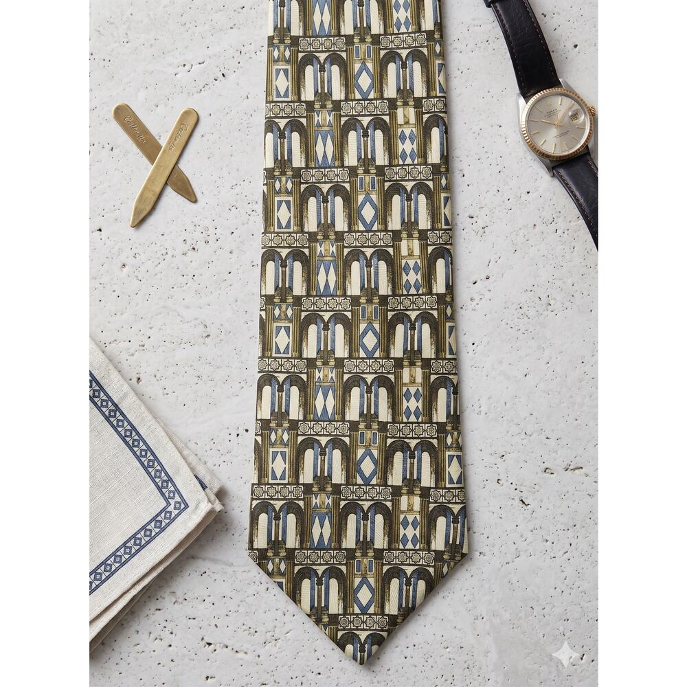 Structure Mens Necktie 100% Silk Brown Blue Beige